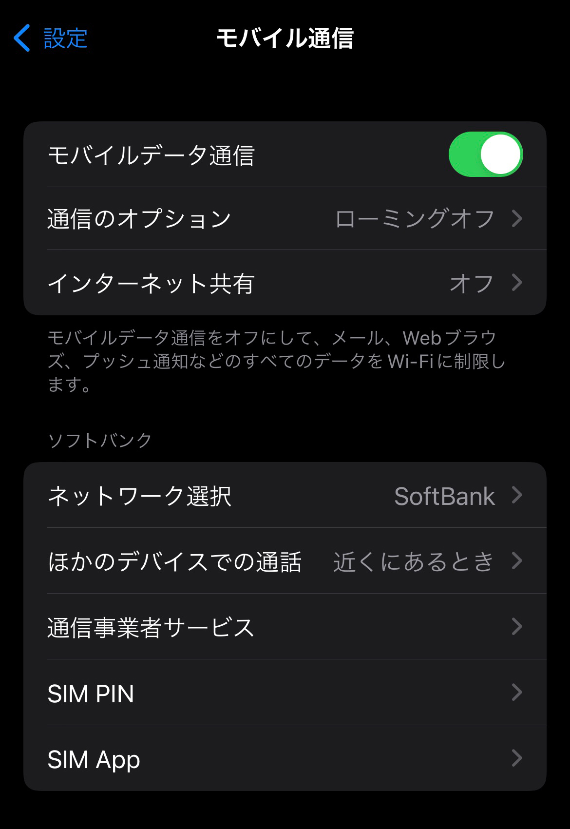iPhoneの「設定」>「モバイル通信」>「モバイルデータ通信」